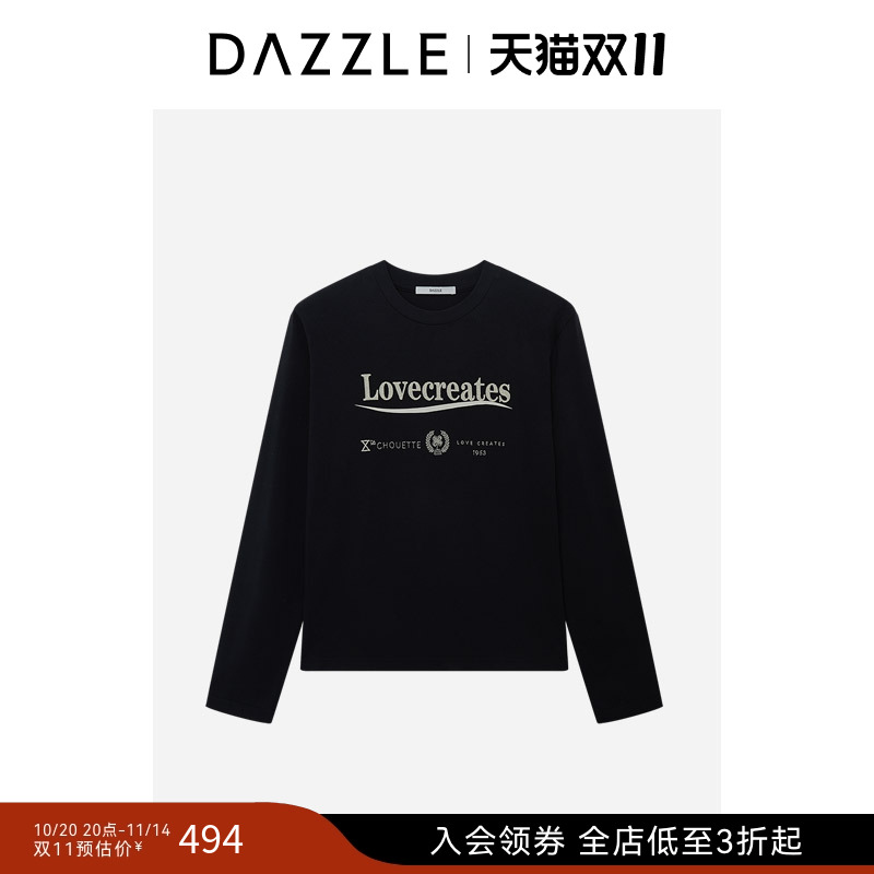 DAZZLE地素奥莱长袖T恤黑色套头长袖卫衣