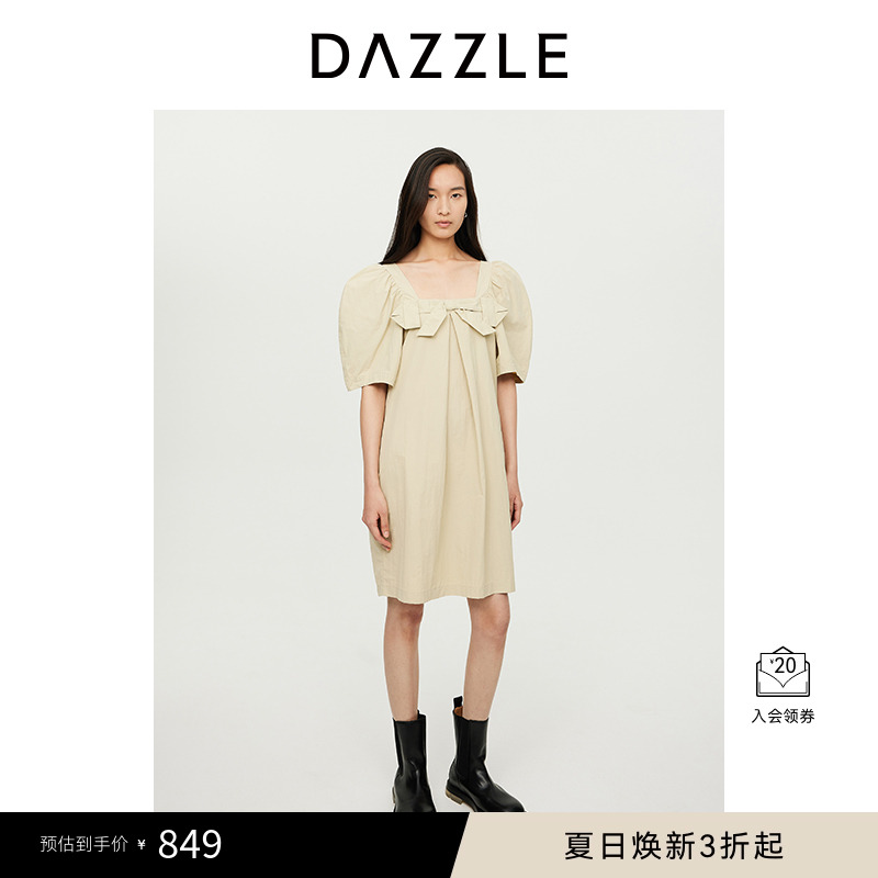 DAZZLE地素奥莱 连衣裙秋季女装法式蝴蝶结方领泡泡袖短裙