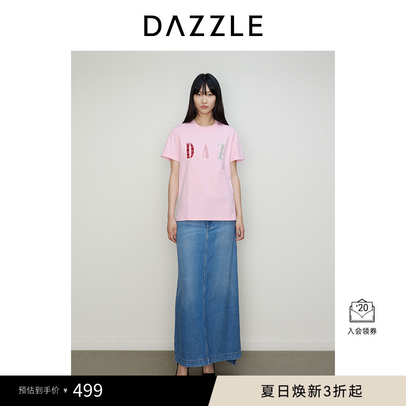 DAZZLE地素奥莱 T恤秋季女装简约字母绣花钉珠圆领短袖上衣