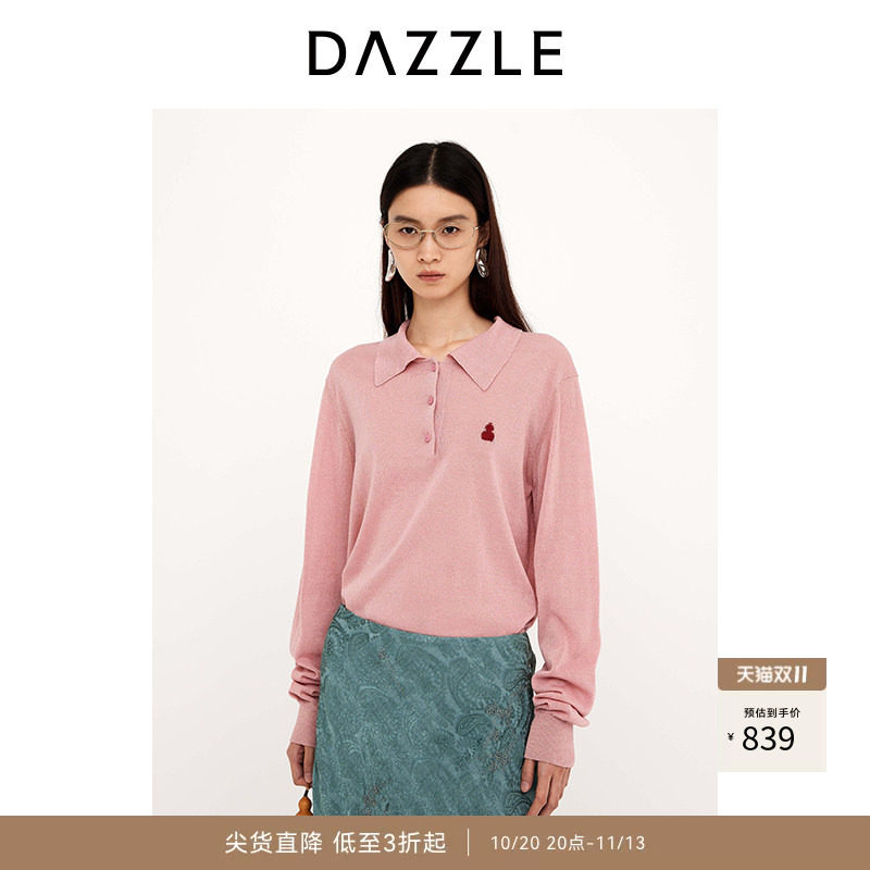 DAZZLE 地素奥莱毛衣女2025年春季棉混纺葫芦标POLO衫针织衫