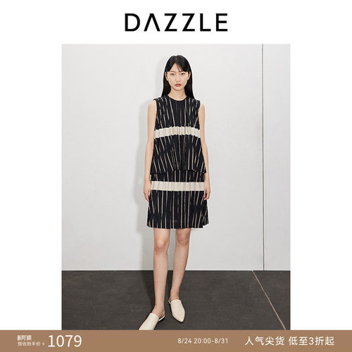 DAZZLE地素奥莱无袖连衣裙女夏季圆领设计感褶皱假两件式中裙