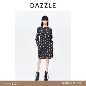 DAZZLE地素奥莱春夏黑色法式复古摩登真丝蚕丝印花连衣裙
