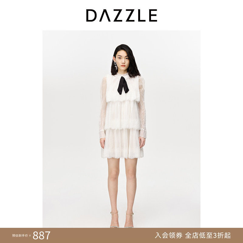 【奥莱专供】刘雯同款DAZZLE地素奥莱 白色长袖蛋糕裙蕾丝连衣裙