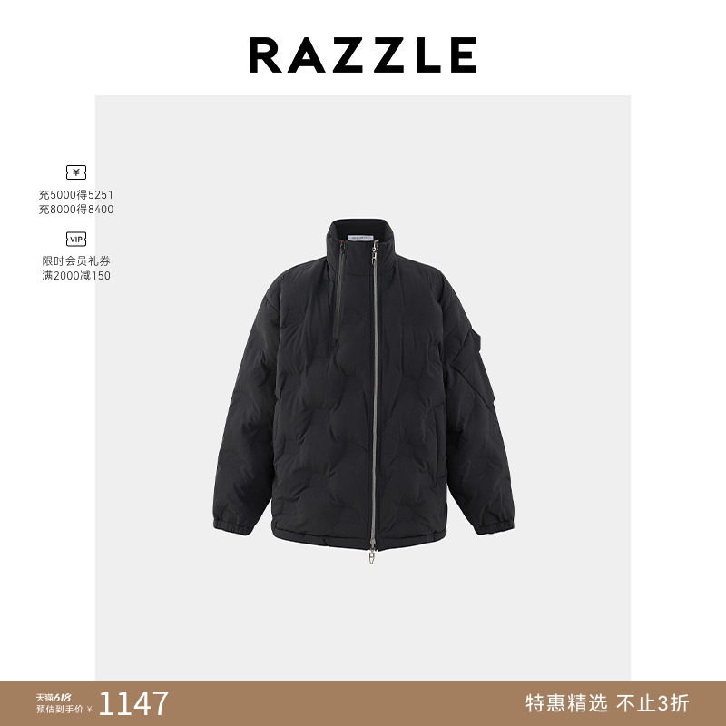 RAZZLE地素奥莱男装棉服外套冬季黑色双拉链压胶棉服