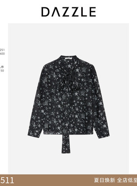 【奥莱专供】DAZZLE 地素奥莱 衬衫冬季女装星星图案黑色系带上衣