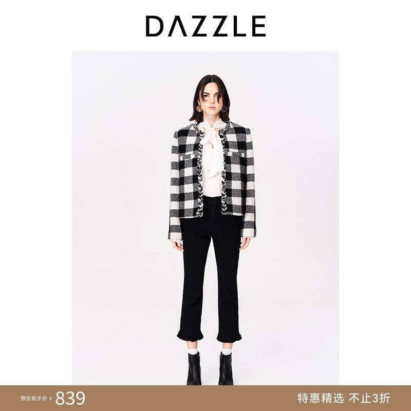 DAZZLE地素奥莱春复古法式黑白格纹箱型短款厚实毛呢外套大