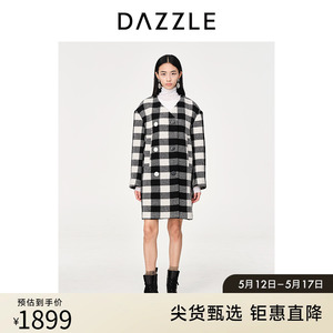 DAZZLE地素奥莱23春装新款复古黑白格子中长款毛呢大衣外套上衣