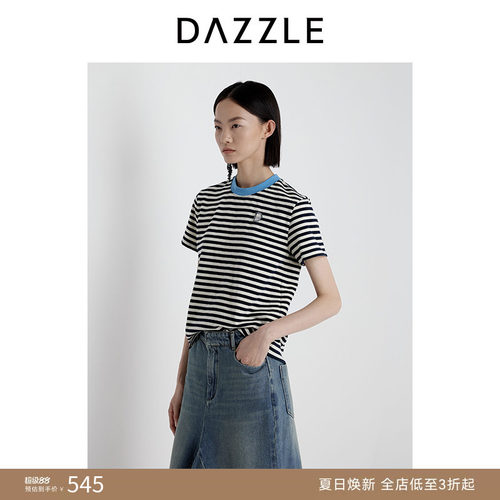 DAZZLE 地素奥莱短袖T恤2025年夏季深蓝色条纹短袖