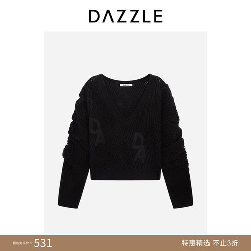 【奥莱专供】DAZZLE地素奥莱 V领毛衣女黑色短款针织套衫