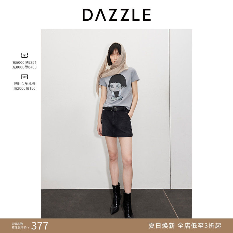 DAZZLE地素奥莱 T恤春夏女装遐想娃娃印花正肩上衣