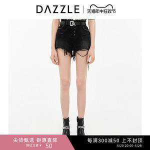 DAZZLE地素奥莱 春季黑色绑带毛边破洞牛仔短裤女