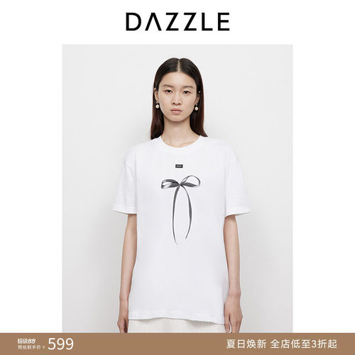 DAZZLE 地素奥莱短袖T恤2025年春季漂白色蝴蝶结印花T恤