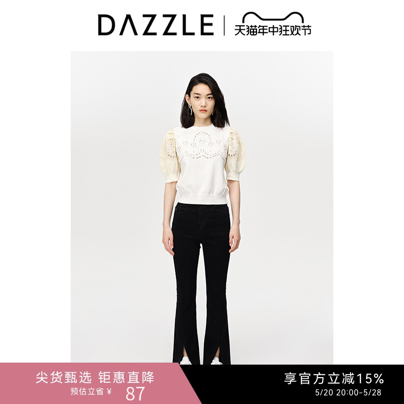 DAZZLE地素奥莱夏季法式小众田园风撞色镂空短袖针织衫上衣女