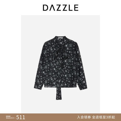【奥莱专供】DAZZLE 地素奥莱 衬衫冬季女装星星图案黑色系带上衣