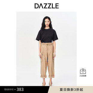 闊腿褲 DAZZLE地素奧萊 春夏簡(jiǎn)約卡其色運(yùn)動(dòng)工裝 風(fēng)休閑褲 子女