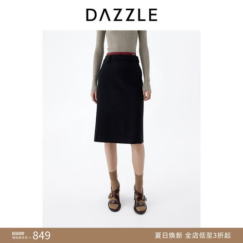 DAZZLE 地素奥莱半身裙2025年春季黑色双腰头直身裙
