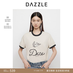 DAZZLE地素奥莱短袖T恤25春米白色复古撞色燕子刺绣T恤上衣女