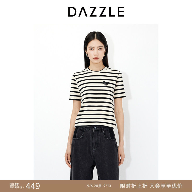 DAZZLE 地素奥莱短袖T恤2025年春季浅黄色条纹T恤图片
