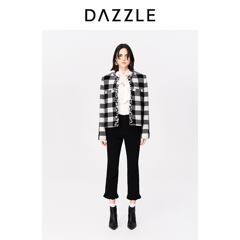 DAZZLE地素奥莱春复古法式黑白格纹箱型短款厚实毛呢外套大