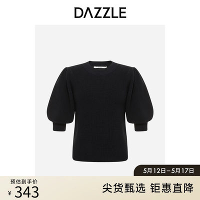 DAZZLE地素奥莱黑色简约高级感泡泡袖短款套头毛衣针织衫女