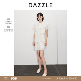 DAZZLE 地素奥莱 连衣裙夏季女装白色重工肌理感荷叶边中裙
