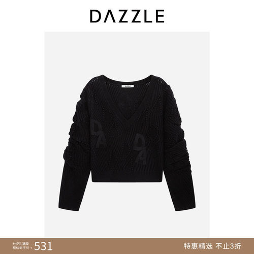 【奥莱专供】DAZZLE地素奥莱 V领毛衣女黑色短款针织套衫