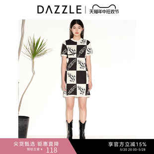 DAZZLE地素奥莱夏季 连衣裙女 小众设计感棋盘格印花针织短袖