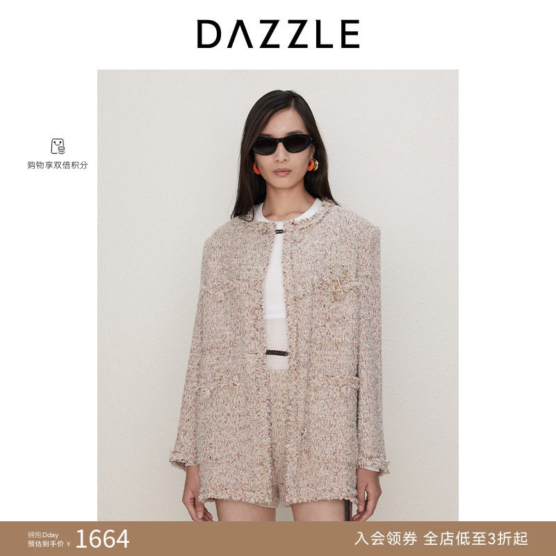 DAZZLE 地素奥莱 毛呢外套复古时髦小香风粗花呢大衣外套女