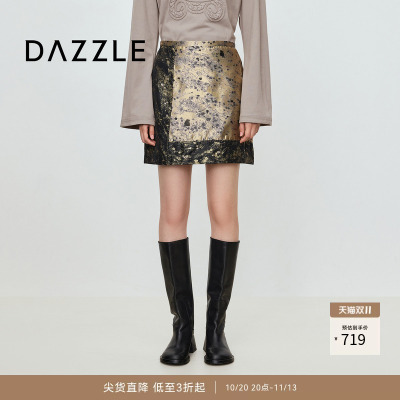 【热销补货】DAZZLE 地素奥莱半裙2025年秋季黑色提花布短裙