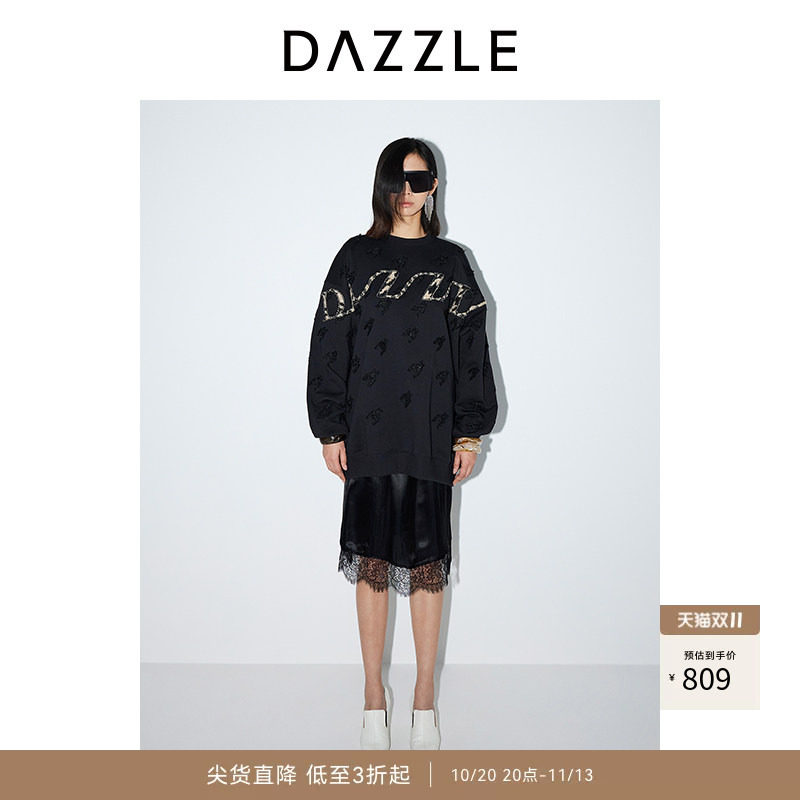 DAZZLE地素奥莱 卫衣春秋女装千鸟格刺绣上衣