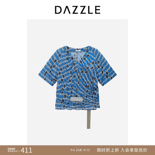 【人气尖货】DAZZLE 地素奥莱小上衣夏季蓝色马头印花小上衣