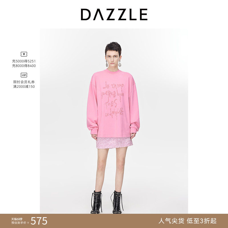 【奥莱专供】DAZZLE地素奥莱长袖T恤多巴胺字母肌理烫钻上衣