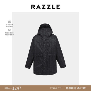 RAZZLE 地素奥莱男装中长羽绒服冬季黑色印花长款羽绒外套