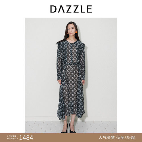 DAZZLE地素奥莱 连衣裙秋季女装黑色真丝字母图案印花长裙