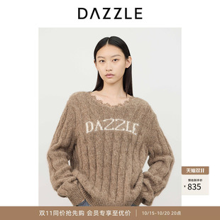 DAZZLE地素奥莱 毛针织衫冬季针织V领绞花套衫毛衣女