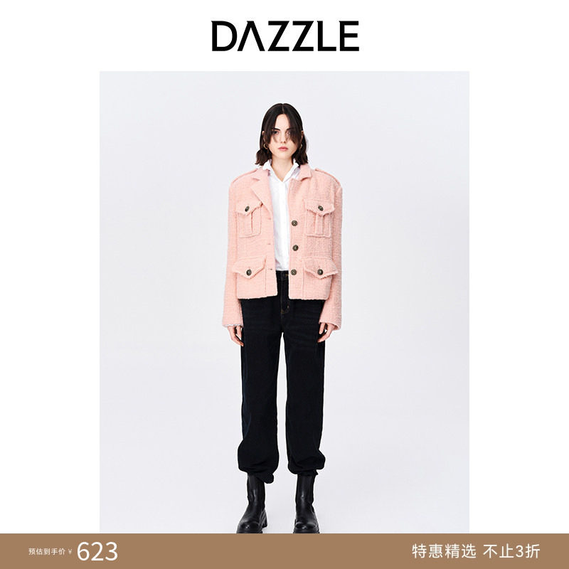 【奥莱专供】DAZZLE地素奥莱复古工装风羊毛混纺短款毛呢外套女