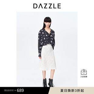 衬衫 DAZZLE地素奥莱春夏黑色复古砂洗真丝做旧印花长袖 上衣