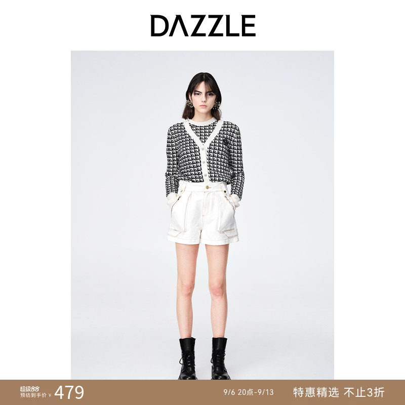 DAZZLE地素奥莱复古黑白撞色薄款针织开衫外套套装上衣女图片