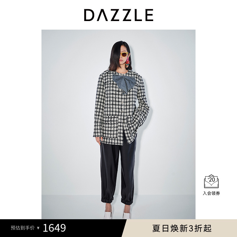 DAZZLE地素奥莱 毛呢外套春秋女装小香风蝴蝶结饰花呢蓝灰格子大