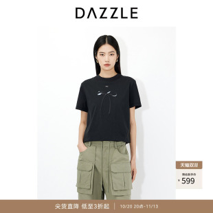 DAZZLE 地素奥莱短袖T恤2025年春季黑色蝴蝶结印花T恤