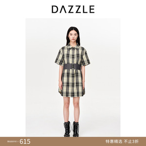 【奥莱专供】DAZZLE地素奥莱春夏装通勤腰封设计格纹短袖连衣裙女