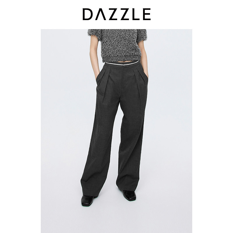 DAZZLE地素奥莱 休闲裤秋季女装简约复古褶饰阔腿长裤图片