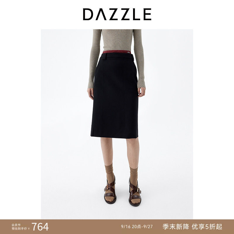 DAZZLE 地素奥莱半身裙2025年春季黑色双腰头直身裙图片
