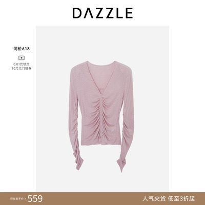 DAZZLE地素奥莱小上衣粉红色进口羊绒抽皱针织上衣