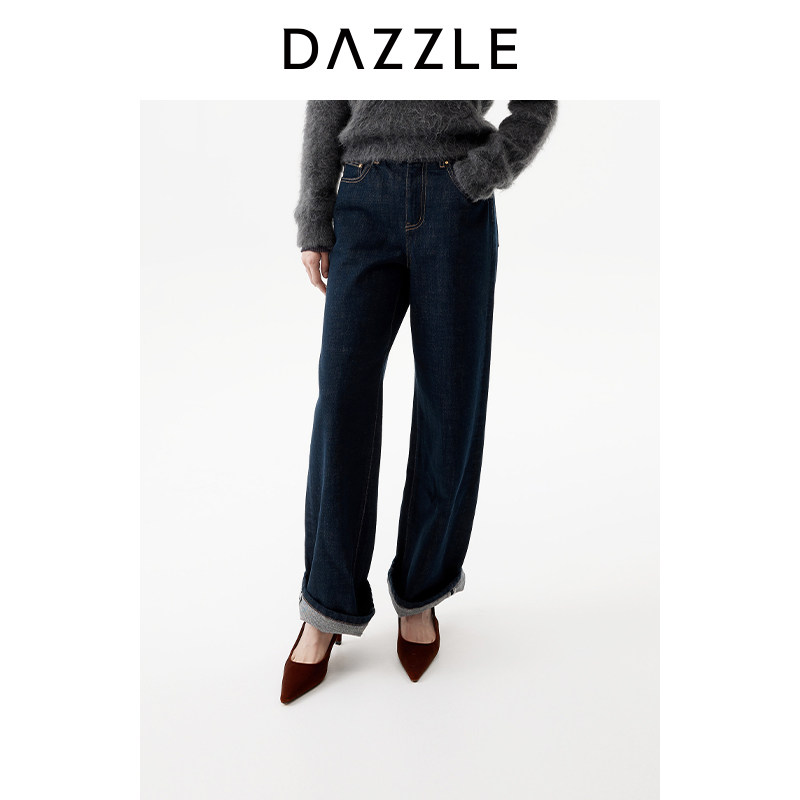 DAZZLE 地素奥莱牛仔裤女2026年春季新款全棉纯棉深蓝色牛仔直筒图片