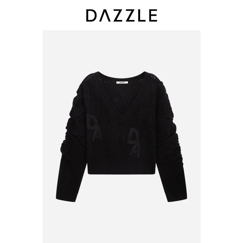 【奥莱专供】DAZZLE地素奥莱 V领毛衣女黑色短款针织套衫图片