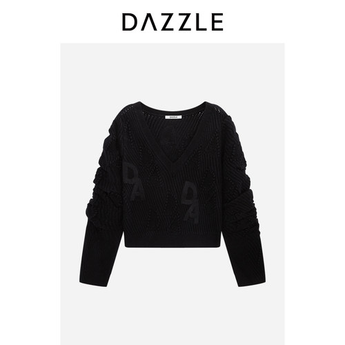 【奥莱专供】DAZZLE地素奥莱 V领毛衣女黑色短款针织套衫