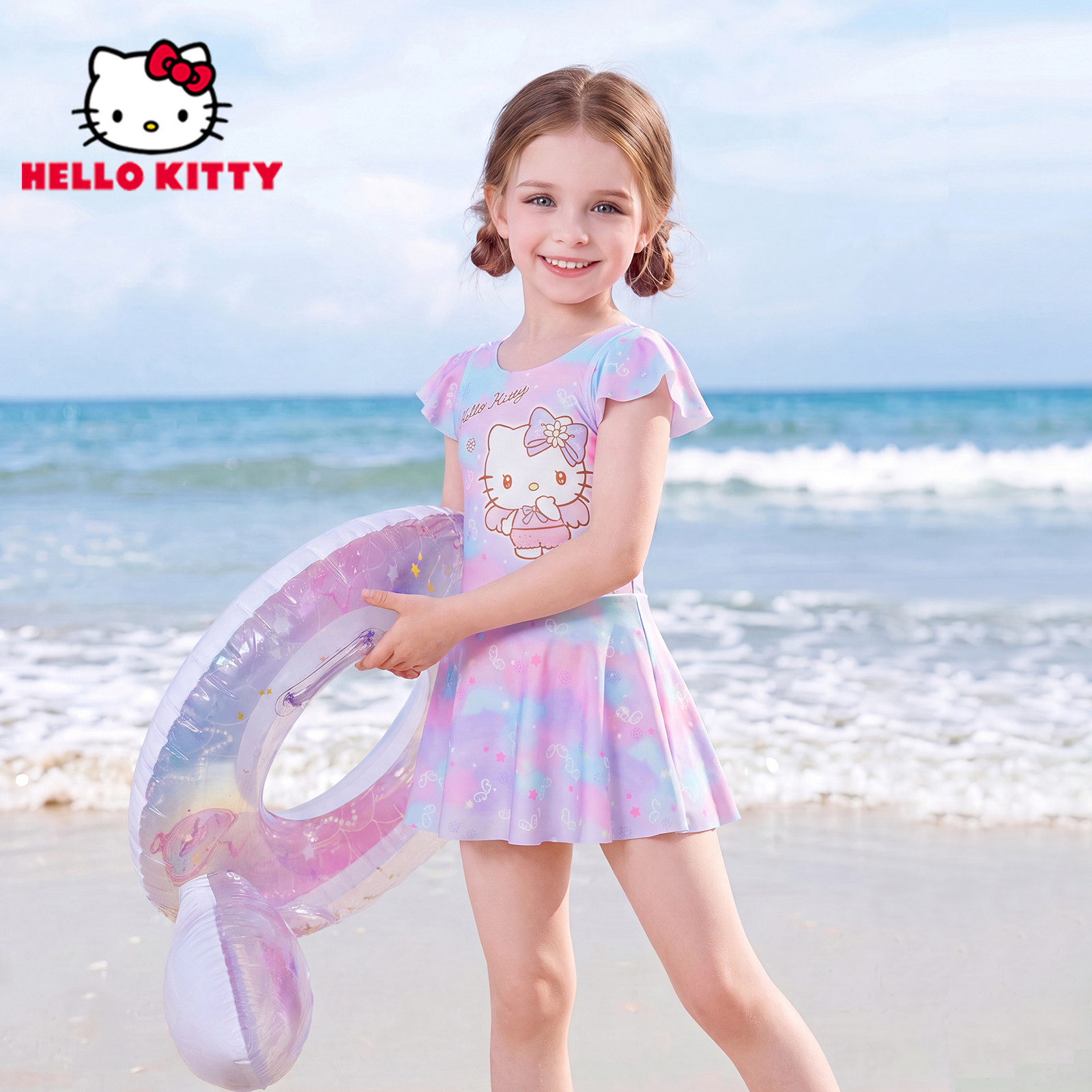 Hellokitty夏季新款女童可爱连体裙式泳衣中小童宝宝时尚休闲泳衣