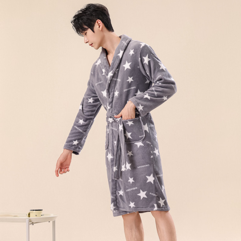 珊瑚绒睡袍男秋冬加厚加绒睡衣法兰绒浴袍居家服可外穿浴衣家居服