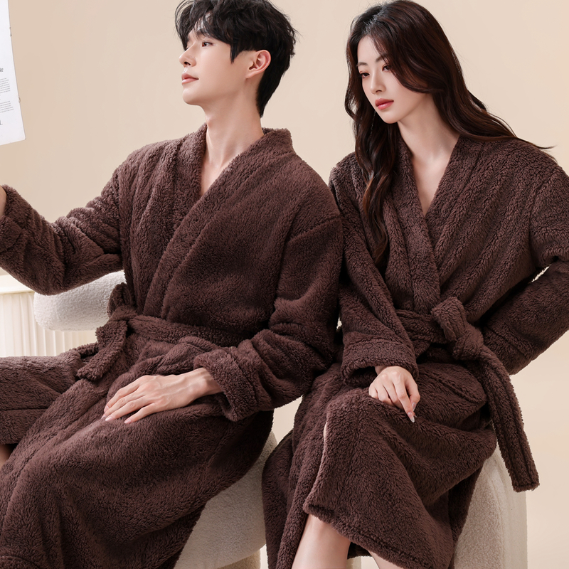 秋冬加厚睡袍男女同款浴袍珊瑚绒中长气质日式睡衣法兰绒长袍晨袍